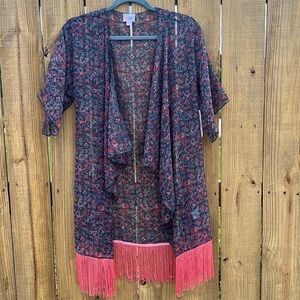 LulaRoe Monroe Kimono with Pink  Fringe Small